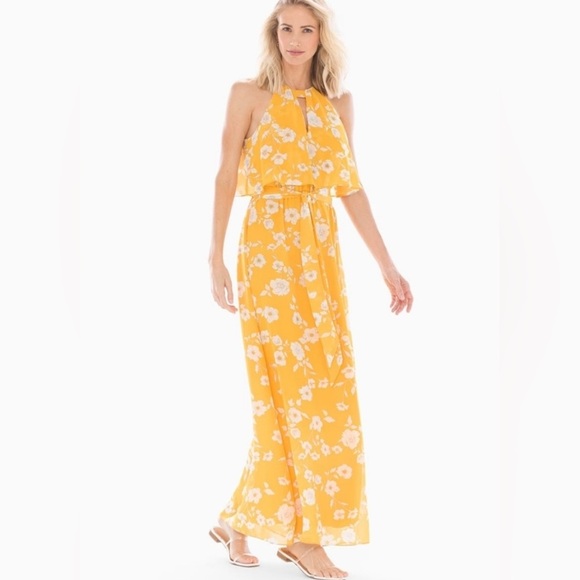 NWT Adrianna Papell Yellow with White Flowers Halter Maxi Dress Size 8 Wedding - Picture 1 of 11